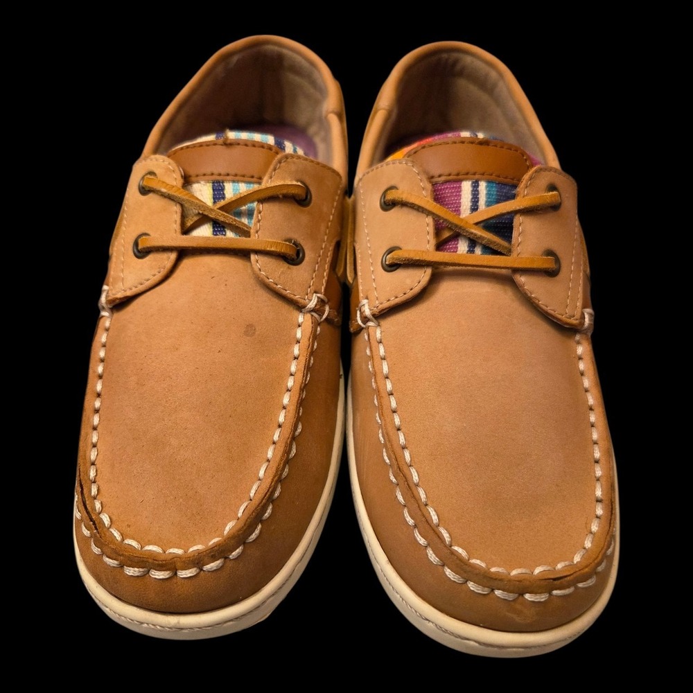 Maui Island Resort Bright Plaid Tan Leather Boat Shoes Canvas Accents Women Sz 9 - Picture 2 of 7